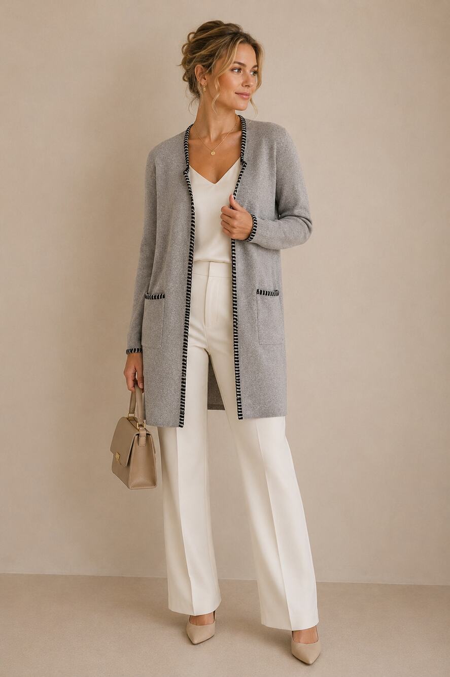 Magaschoni Grey Open Front Long Line Cardigan Sweater Duster Womens M Coatigan